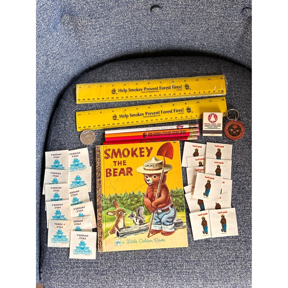 Smokey Bear Vintage Lot Little Golden Book Rulers Pencils Stickers Coin Keychain